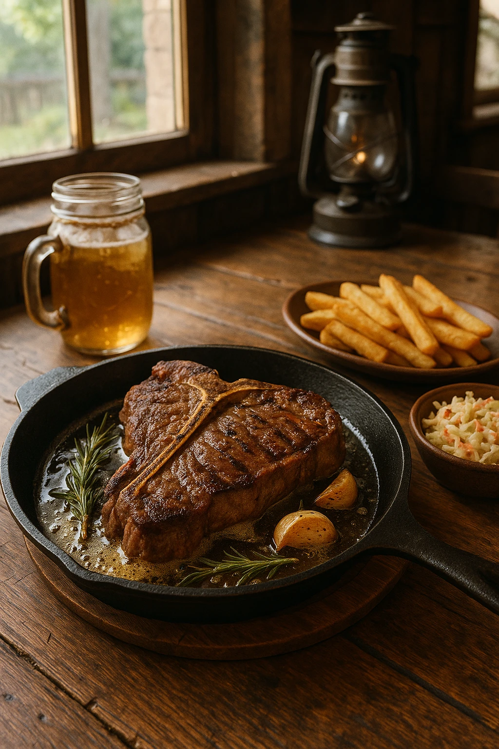 A sizzling T-bone steak served at a rustic countryside tavern. The steak rests on a cast-iron skillet with rosemary, garlic cloves, and melted butter bubbling around it. Served with thick-cut fries and a side of coleslaw. The setting includes a wooden table, mason jar drinks, and vintage decor in the background with natural daylight pouring through a nearby window.