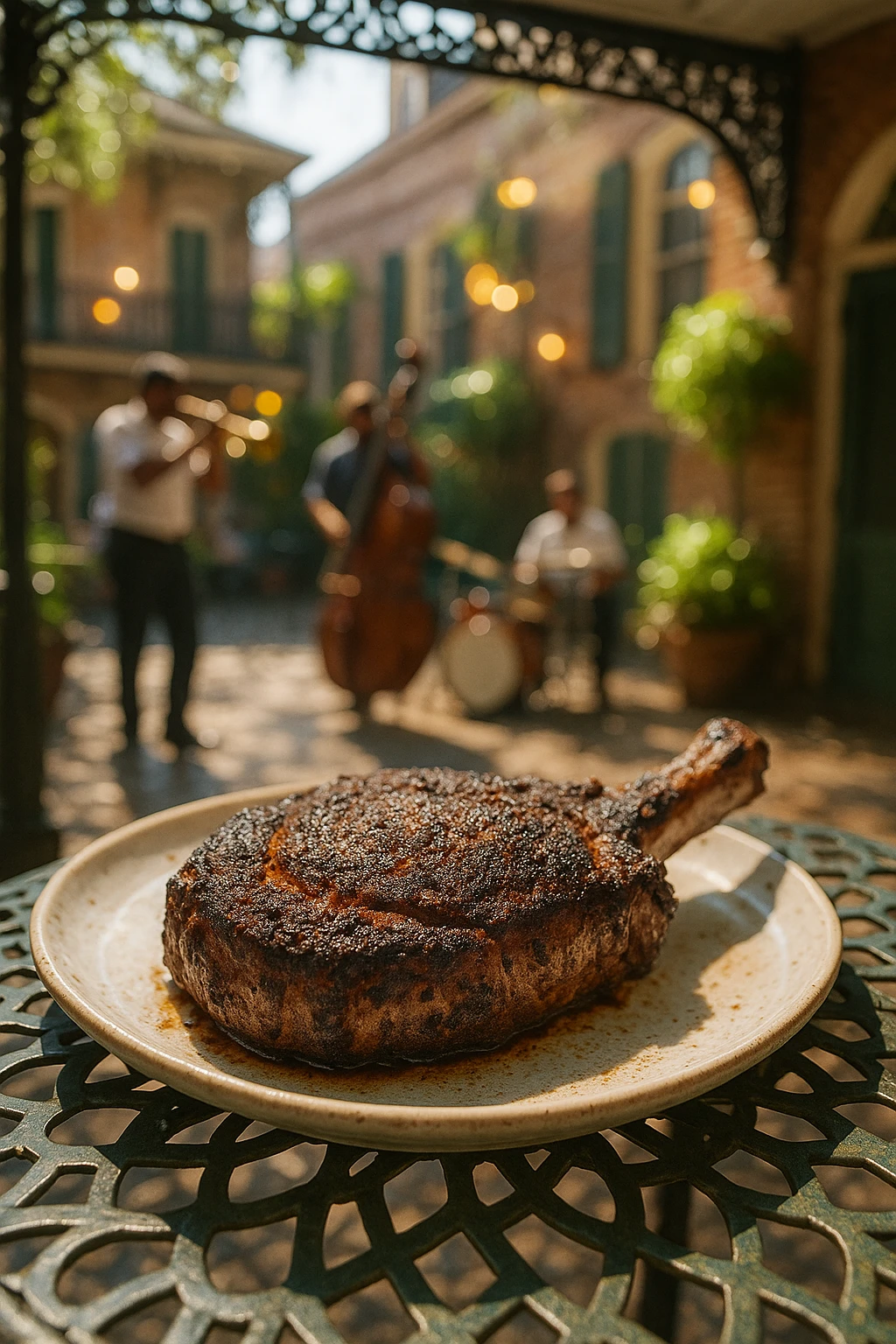 Blackened Cajun rib-eye in New-Orleans courtyard, wrought-iron shadows — midday humidity glow, jazz-band bokeh.