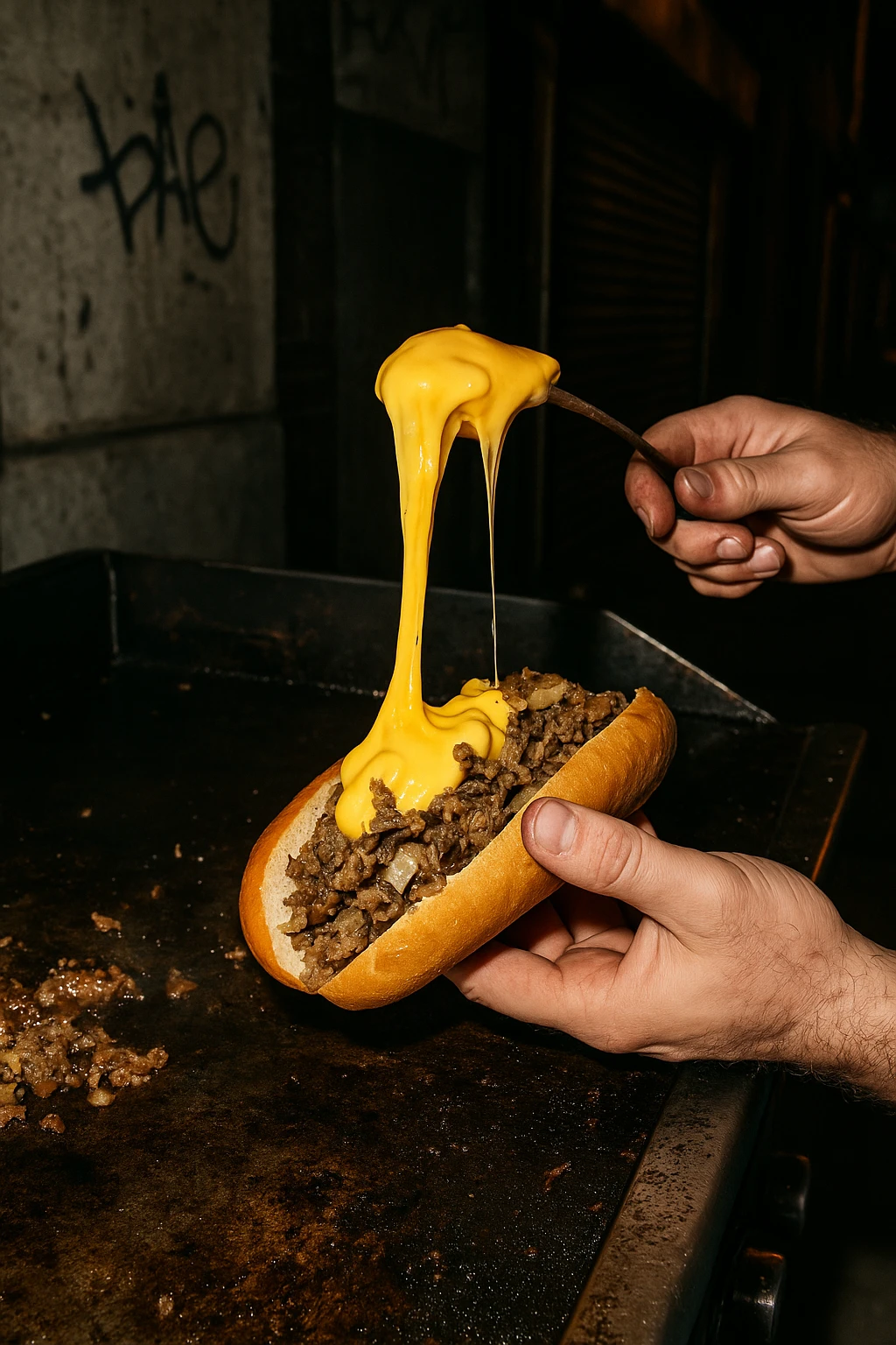 Street-side Philly cheesesteak on sizzling flat-top, whiz cheese pull caught — gritty downtown vibe, handheld flash.