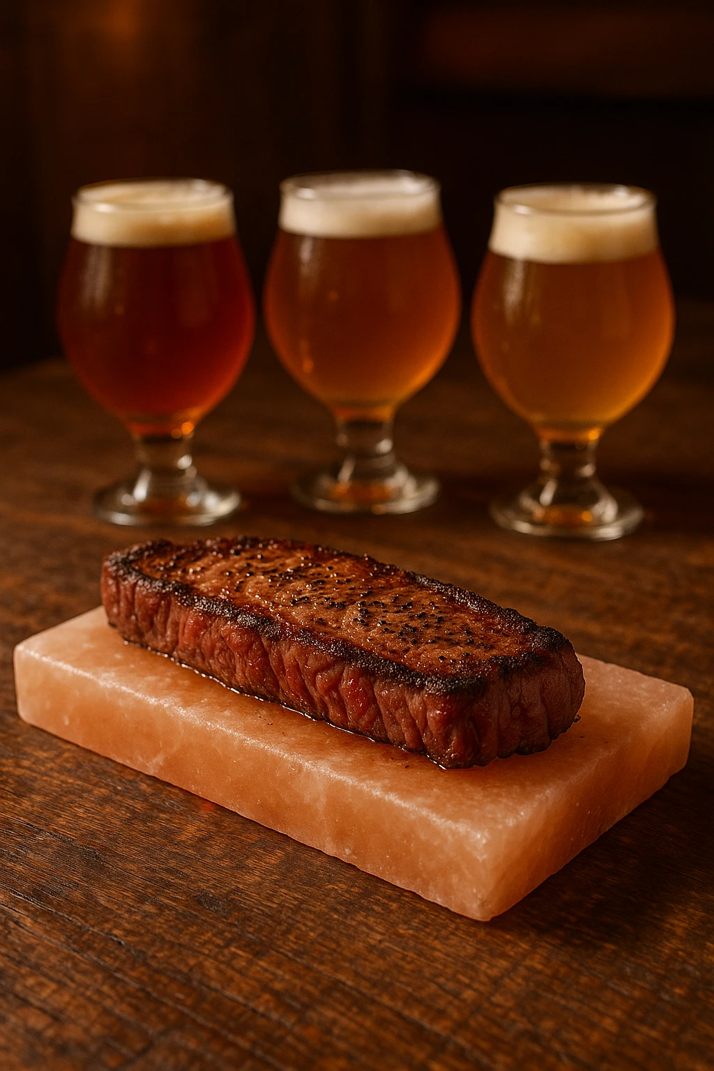 Reverse-seared strip steak on Himalayan salt plank beside craft IPA flight — amber pub lighting, rustic tabletop texture.