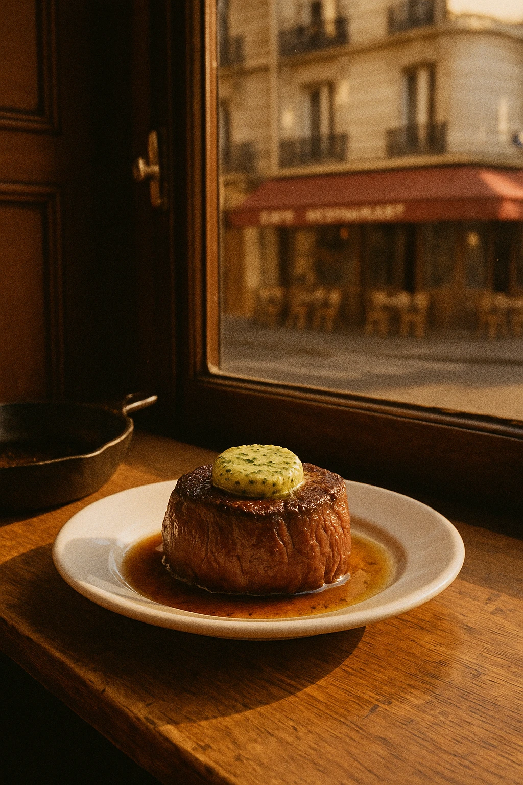Cast-iron–seared filet-mignon medallion crowned with herb butter in a cozy Paris bistro window — golden afternoon glow, vintage 35 mm film aesthetic.