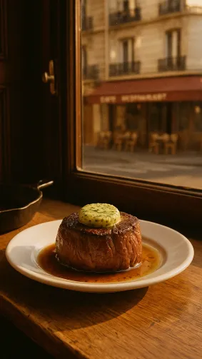 Cast-iron–seared filet-mignon medallion crowned with herb butter in a cozy Paris bistro window — golden afternoon glow, vintage 35 mm film aesthetic.