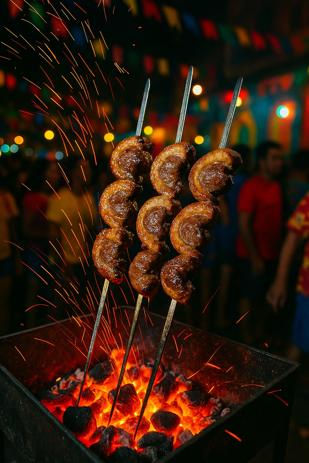 Coal-fired churrasco picanha skewers dripping fat onto glowing coals at a Rio street festa — dramatic ember trails, handheld flash, vibrant carnival colors.