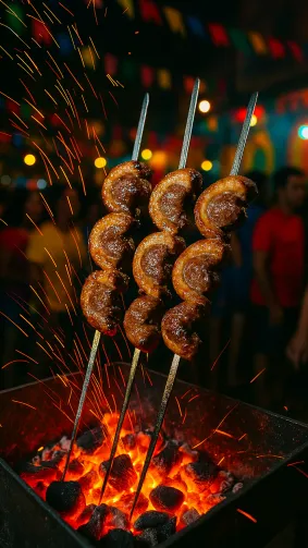 Coal-fired churrasco picanha skewers dripping fat onto glowing coals at a Rio street festa — dramatic ember trails, handheld flash, vibrant carnival colors.