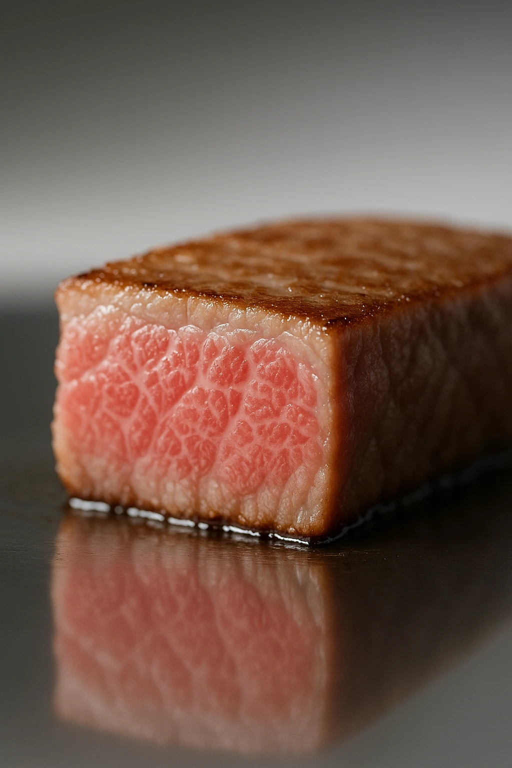 A5 Wagyu striploin seared one second per side on a teppan, toro-like center glistening — macro 100 mm, minimalist zen backdrop, chrome reflections.
