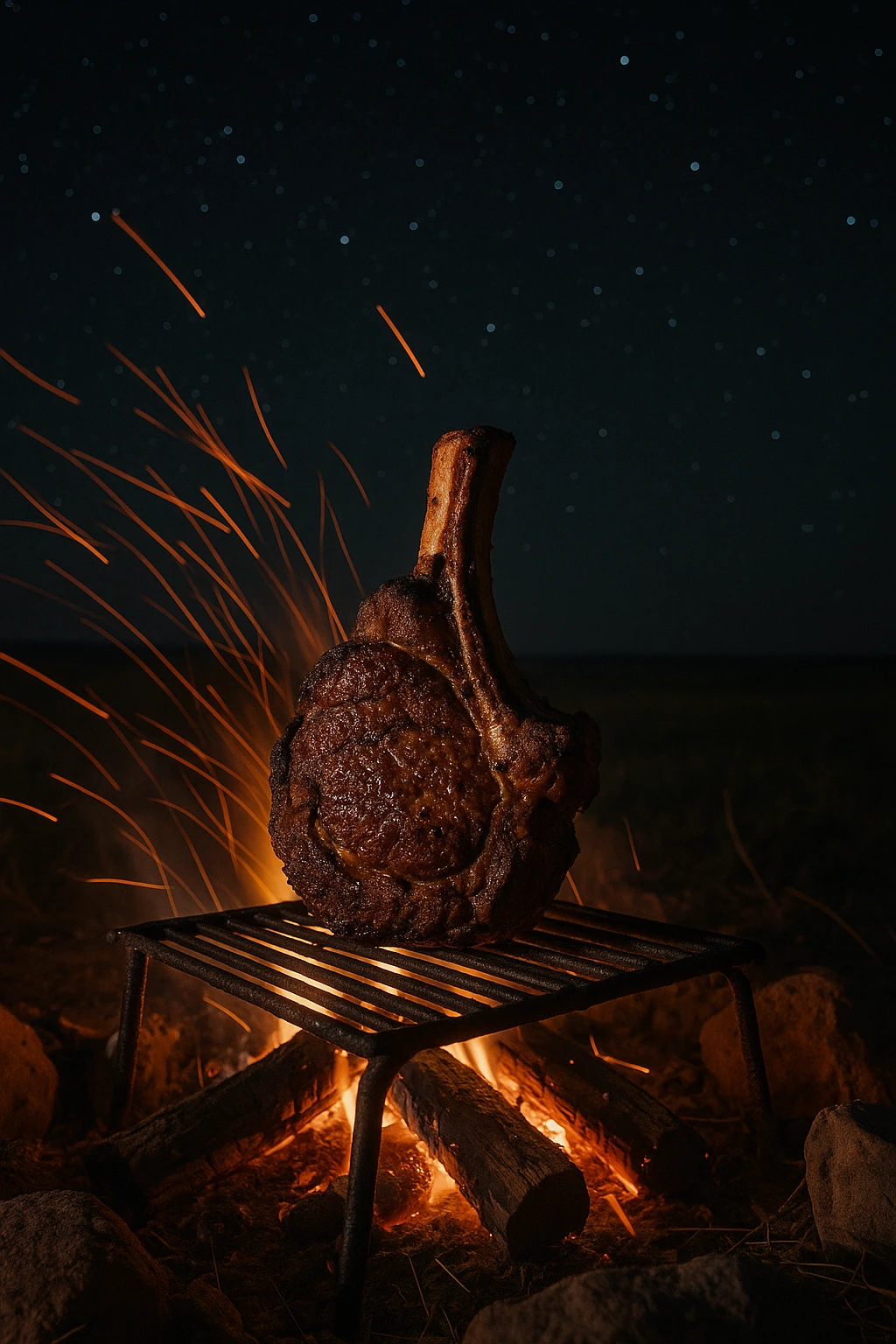 Cowboy T-bone steak propped on wrought-iron grates over open prairie campfire, starry sky above — long-exposure ember trails, rugged adventure mood.