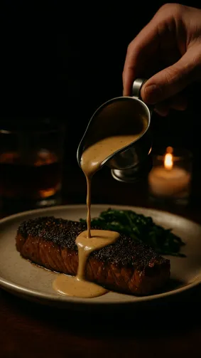 Peppercorn-crusted New York strip plated with cognac cream drizzled tableside in a dark speakeasy — moody chiaroscuro, shallow depth of field.