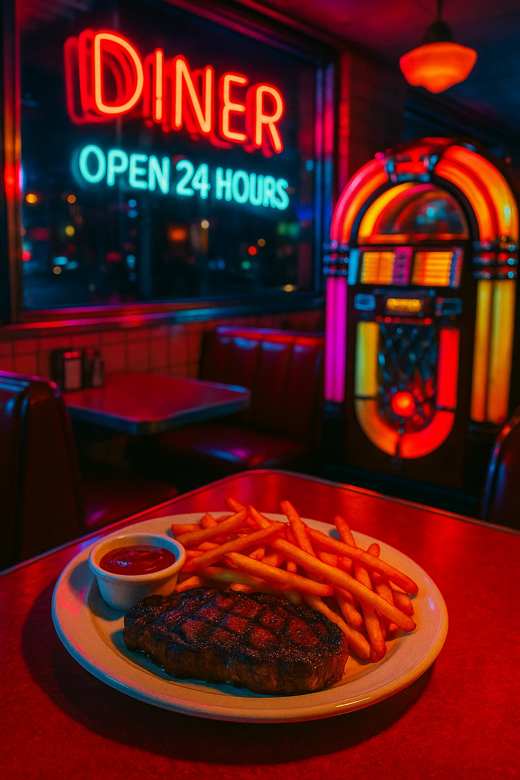 Steak frites at midnight in a neon-lit diner, jukebox glare reflecting off chrome — handheld street energy, saturated retro palette.