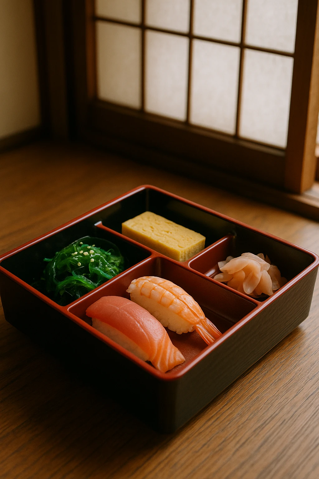 A vibrant sushi lunch set served in a bento box at a traditional Japanese inn. Includes 3 pieces of nigiri, tamagoyaki, seaweed salad, and pickled ginger. Natural daylight filters through paper shoji screens in the background.