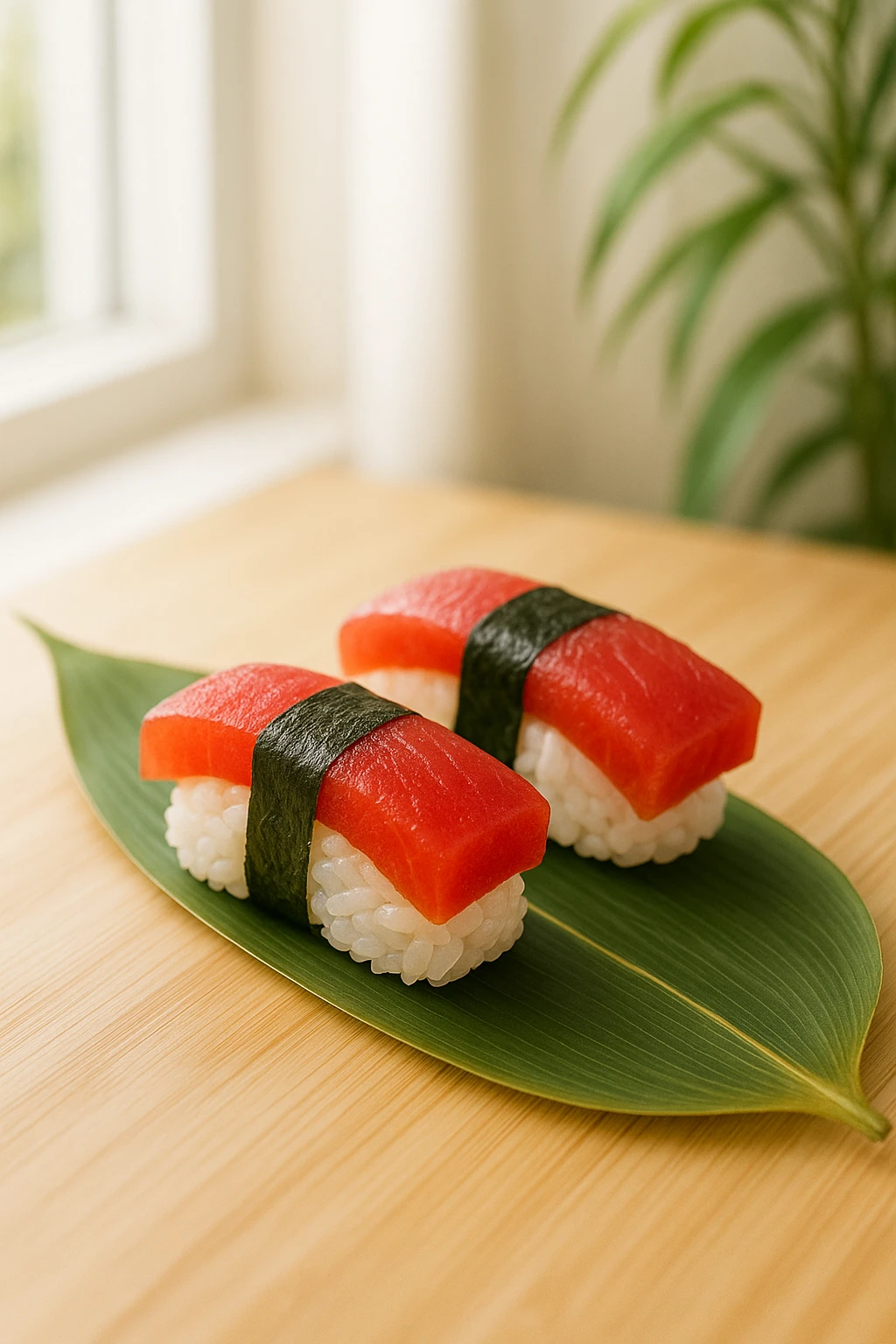 Plant-based watermelon ‘tuna’ nigiri on bamboo leaf at vegan pop-up — bright natural window light, wellness vibe.