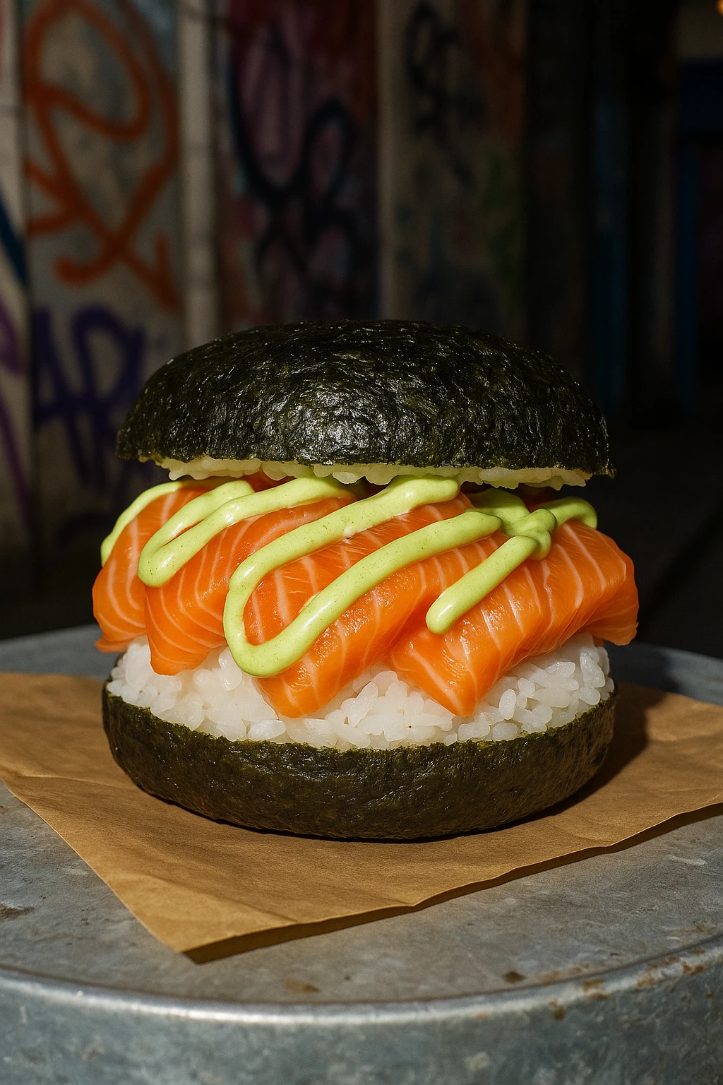 Nori-bun sushi burger layered with salmon sashimi, wasabi aioli drizzle — playful street-food setting, handheld flash.