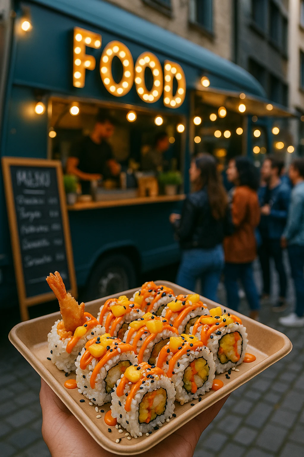 Street-style sushi served from a trendy food truck. A colorful platter with fusion sushi rolls — tempura shrimp, sriracha mayo, mango topping, and sesame seeds. Urban street setting with a chalkboard menu and lively crowd in the background.