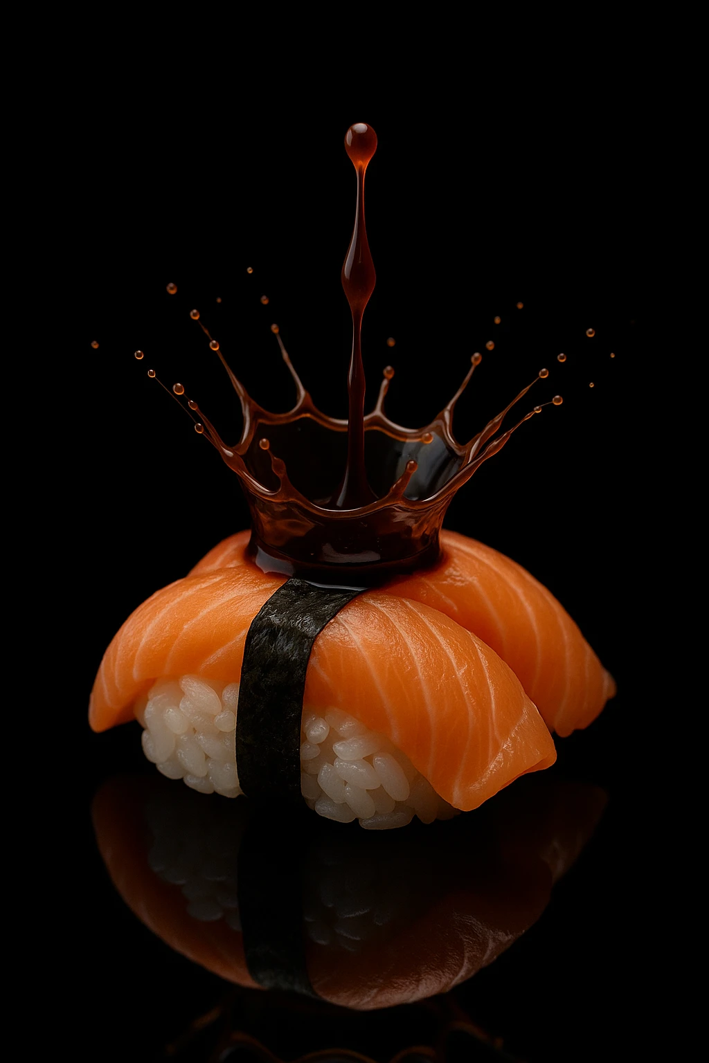 High-speed soy-sauce droplet splash over nigiri cluster — macro freeze, minimalist black void.