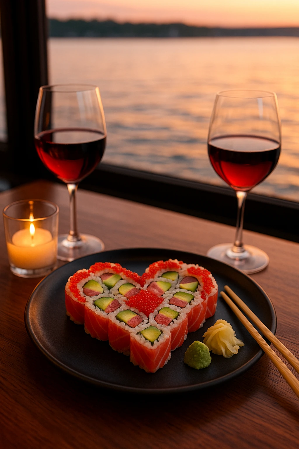 A romantic sushi dinner for two at a waterfront restaurant. Features a heart-shaped sushi roll arrangement with tuna, avocado, and red tobiko. Wine glasses and a flickering candle set the mood; soft sunset light reflects off the water outside.