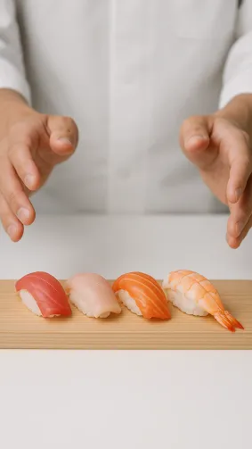 Minimalist omakase nigiri flight on blonde cedar board, chef’s hands hovering — pristine studio strobe, 85 mm macro for rice sheen.