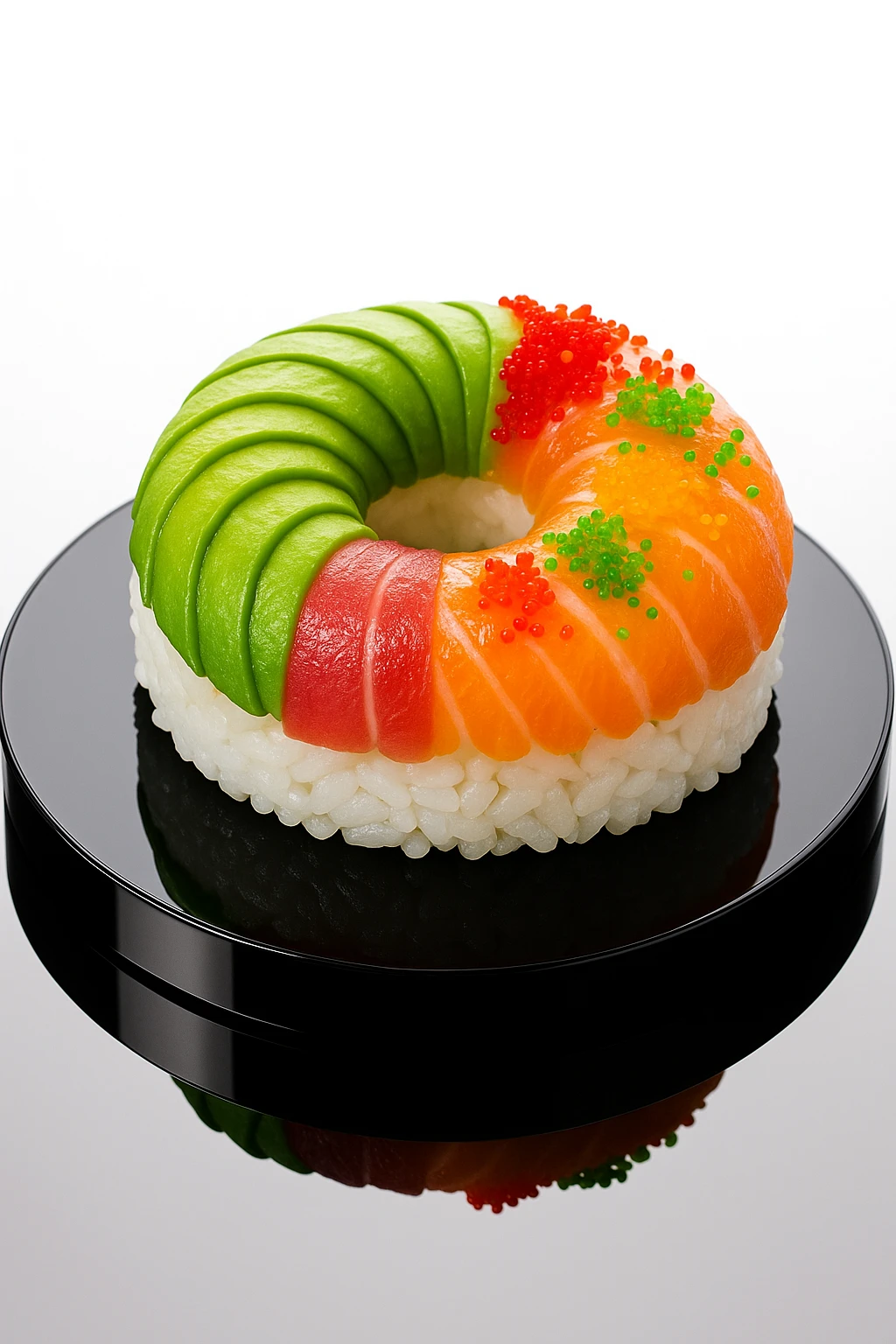 Rainbow sushi ‘donut’ with avocado scales and tobiko sprinkles, floating on mirrored black acrylic — high-key product glamour.