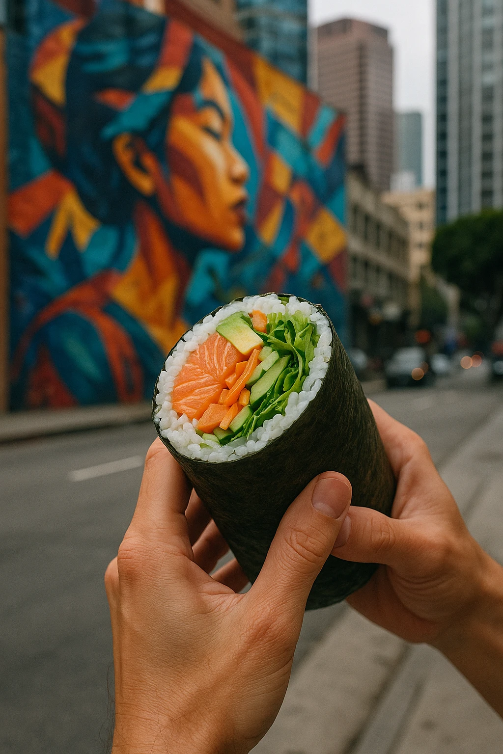Burrito-sized sushi wrap held mid-bite in downtown LA — urban mural background, candid lifestyle angle.
