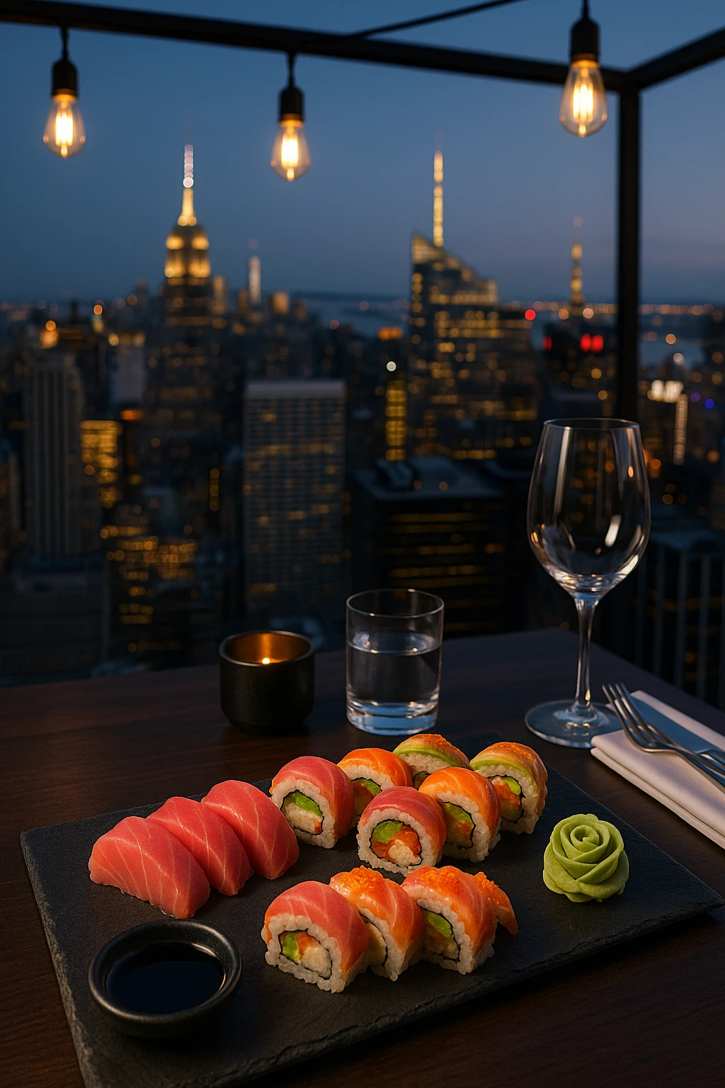 Sushi served in a contemporary rooftop restaurant. A sleek black slate holds tuna sashimi, rainbow rolls, and a wasabi rose. The skyline glows in the background, with hanging lights above and elegant tableware set for fine dining.