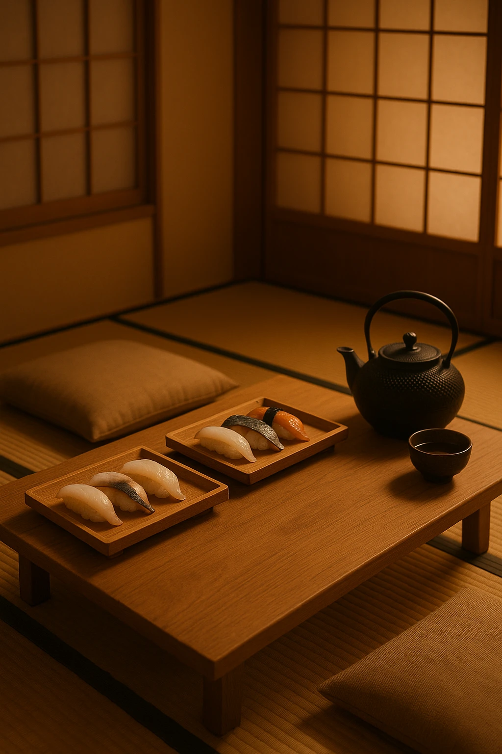 A traditional sushi experience inside a Kyoto-style tatami room. Wooden trays hold ika, saba, and unagi nigiri. The setting includes floor cushions, tatami mats, and a tea pot, with warm lighting creating a peaceful ambiance.