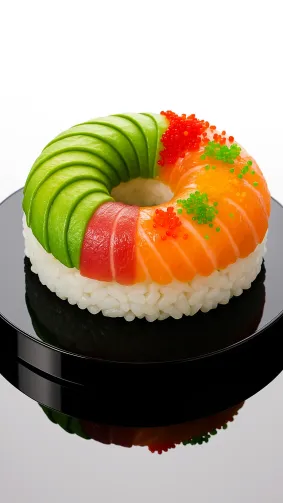 Rainbow sushi ‘donut’ with avocado scales and tobiko sprinkles, floating on mirrored black acrylic — high-key product glamour.