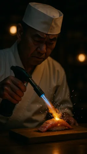 Edomae master torching aburi otoro, crackling fat sparks frozen — low-light izakaya ambience, cinematic 50 mm lens.