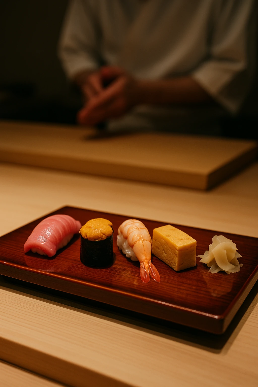 An elegant omakase sushi platter served on a lacquered wooden board at a high-end Japanese sushi bar. Includes toro, uni, ebi, and tamago nigiri, each perfectly shaped. Minimalist background with dim lighting and a chef's hands blurred in the background behind a wooden counter.