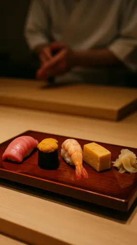 An elegant omakase sushi platter served on a lacquered wooden board at a high-end Japanese sushi bar. Includes toro, uni, ebi, and tamago nigiri, each perfectly shaped. Minimalist background with dim lighting and a chef's hands blurred in the background behind a wooden counter.