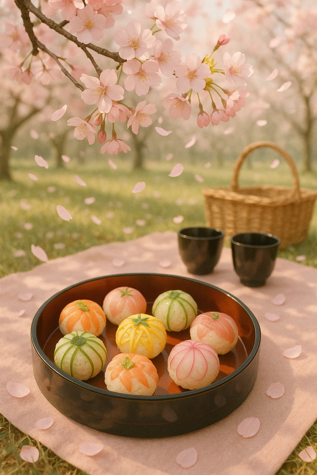 Temari-ball sushi picnic beneath blooming sakura, petals drifting onto lacquerware — soft pastel daylight, romantic editorial mood.