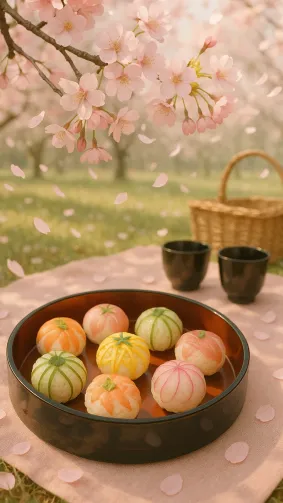 Temari-ball sushi picnic beneath blooming sakura, petals drifting onto lacquerware — soft pastel daylight, romantic editorial mood.