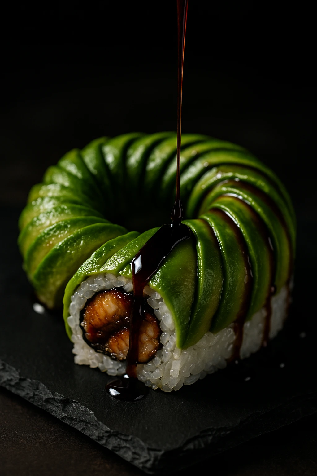 Dragon roll coiled on slate, avocado ‘scales’ gleaming, eel-sauce pour mid-stream — macro 100 mm, dramatic chiaroscuro.