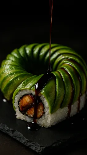 Dragon roll coiled on slate, avocado ‘scales’ gleaming, eel-sauce pour mid-stream — macro 100 mm, dramatic chiaroscuro.