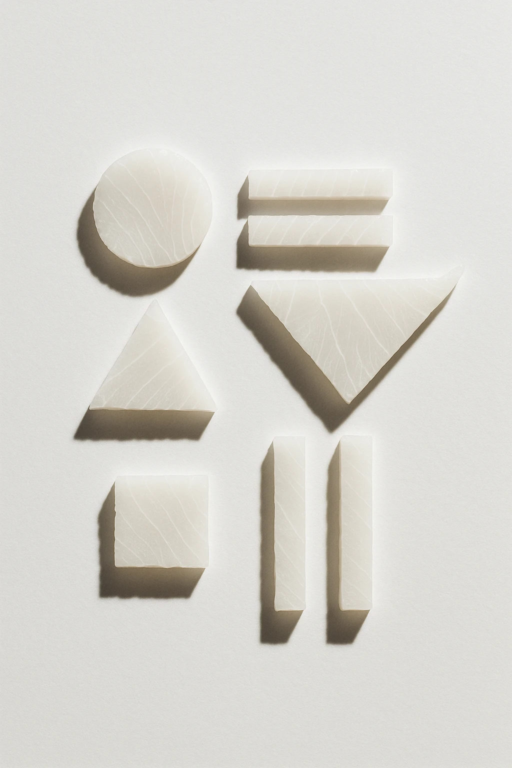 White-on-white sashimi geometry arranged like modern art on porcelain — stark overhead lighting, fine-art still-life aesthetic.