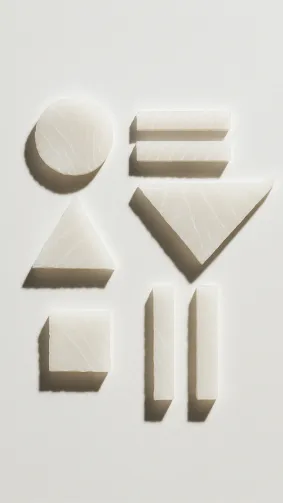 White-on-white sashimi geometry arranged like modern art on porcelain — stark overhead lighting, fine-art still-life aesthetic.