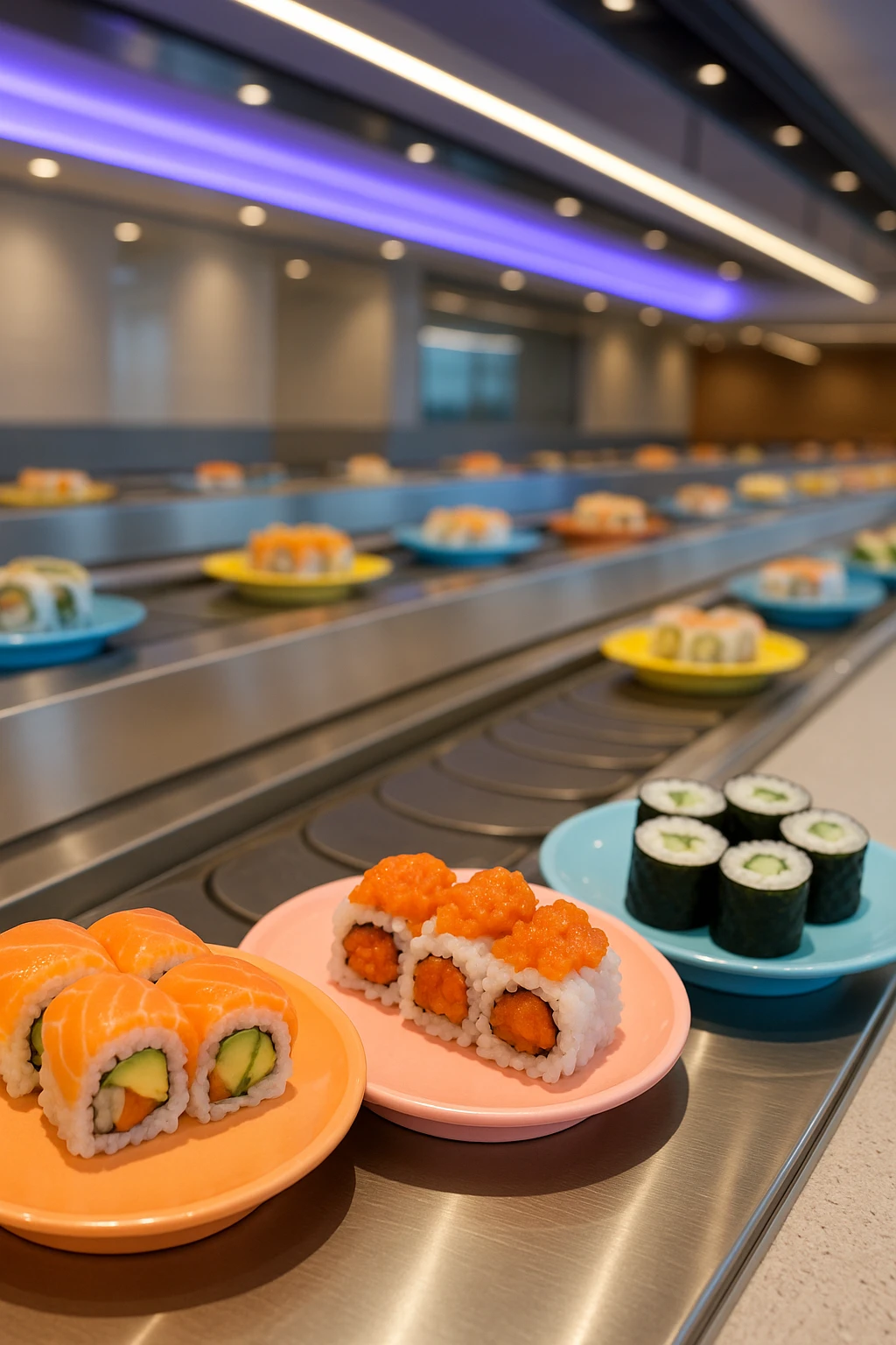 A casual sushi roll combo at a modern conveyor belt sushi restaurant. Includes salmon avocado rolls, spicy tuna rolls, and cucumber maki on color-coded plates passing by. Bright, clean interior with ambient LED lighting and a view of other dishes on the belt.
