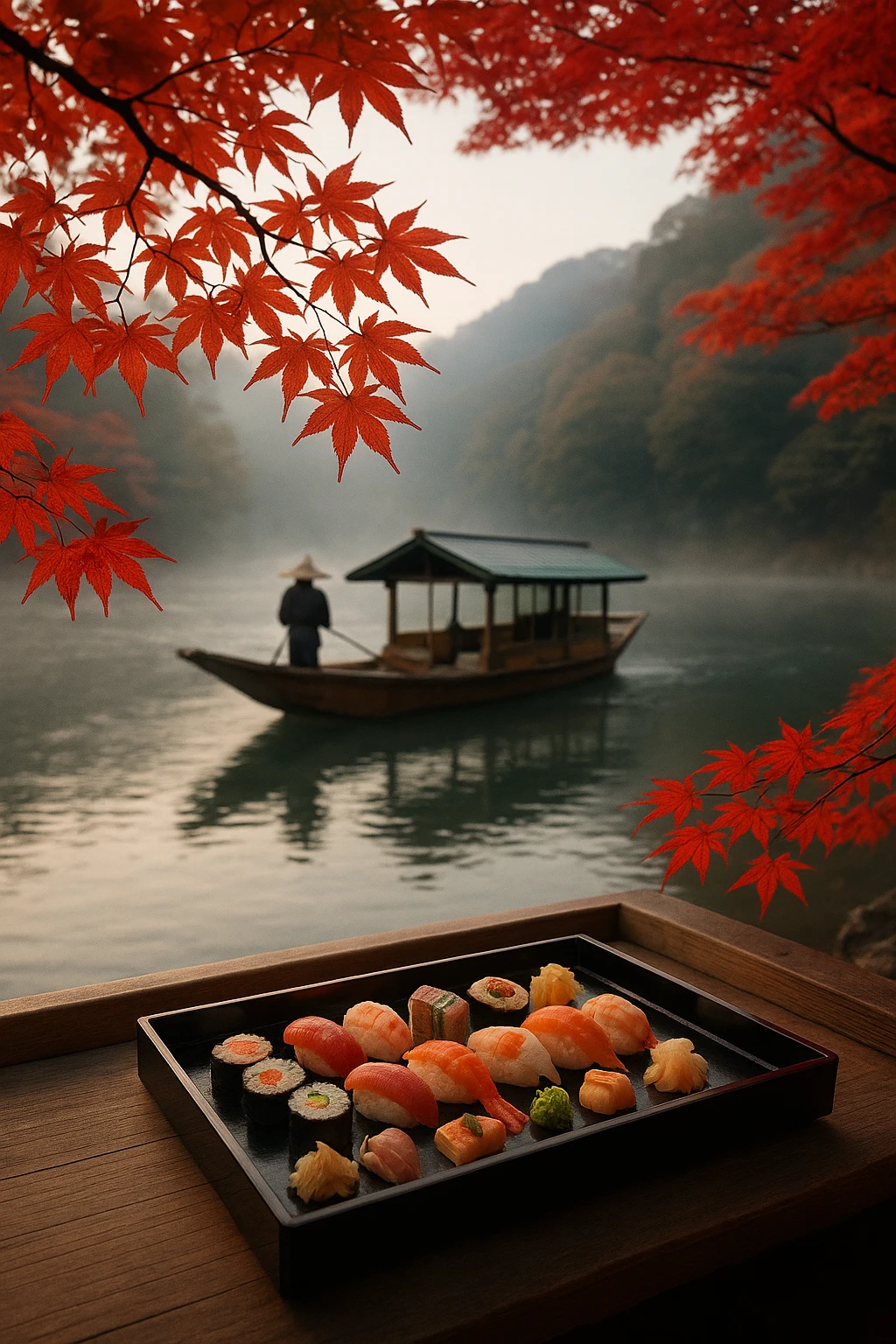 Kyoto riverboat kaiseki sushi tray framed by crimson maple leaves — tranquil morning mist, cinematic wide shot.