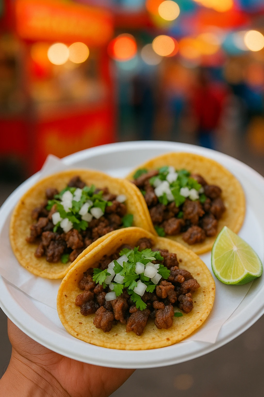 A close-up of traditional Mexican street tacos — corn tortillas filled with juicy carne asada, topped with chopped white onion, fresh cilantro, and a wedge of lime on the side. Served on a paper plate with a vibrant street food background.