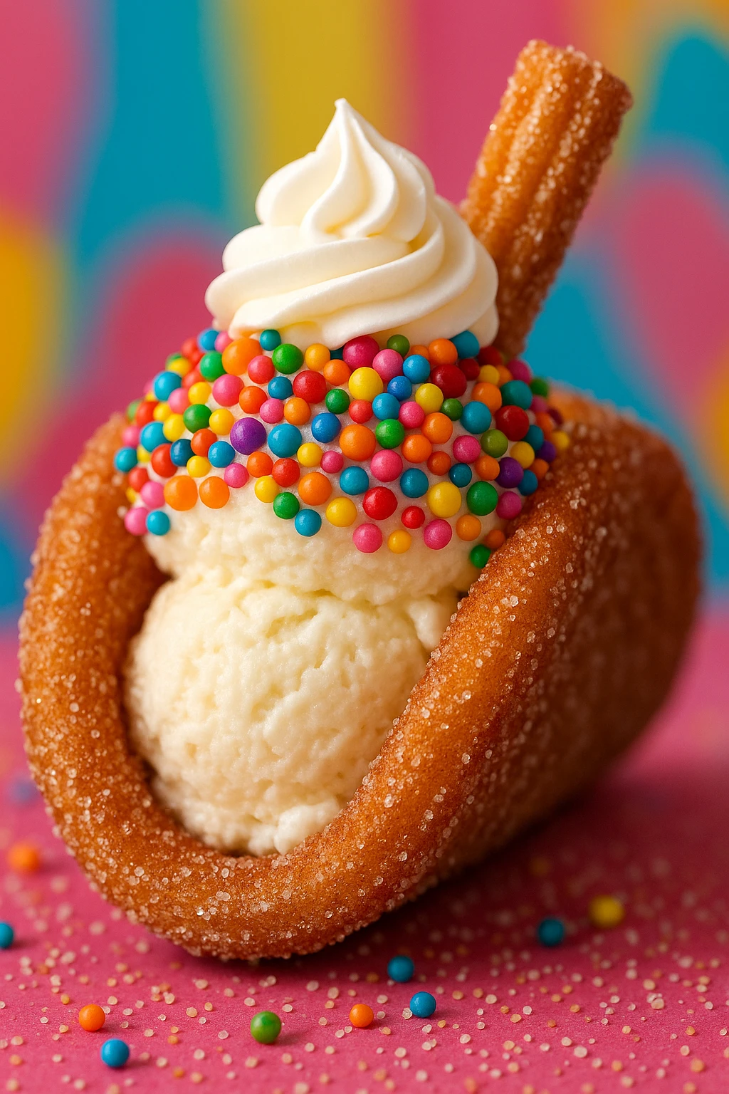 Churro ice-cream dessert taco dusted in cinnamon sugar — playful carnival colors, macro sweetness focus.