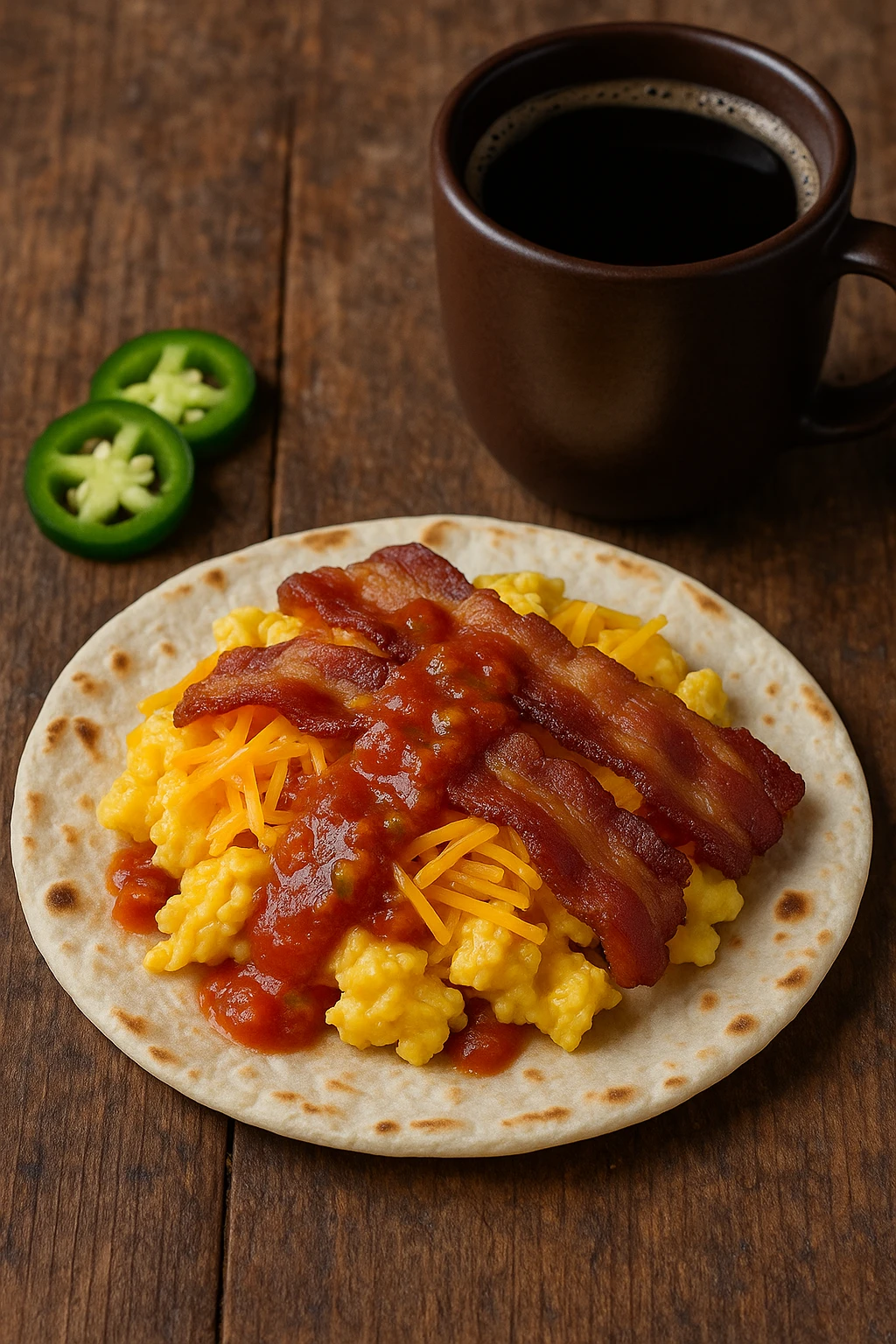 A breakfast taco with scrambled eggs, crispy bacon, shredded cheese, and salsa in a warm flour tortilla. Served with sliced jalapeños and a cup of coffee on a rustic wooden table.