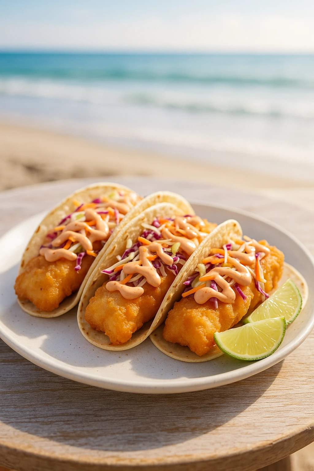 Baja fish tacos on a white ceramic plate — beer-battered cod, crunchy slaw, chipotle mayo, and fresh lime wedges. Beachside setting with soft sunlight and a slightly blurred ocean in the background.