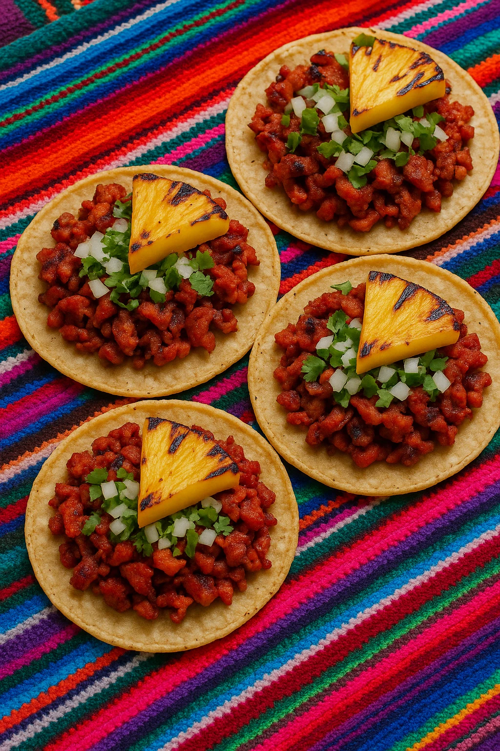 Al pastor tacos with pineapple chunks — marinated pork on small corn tortillas, topped with chopped onions, cilantro, and a slice of grilled pineapple. Tacos are arranged on a colorful Mexican textile.