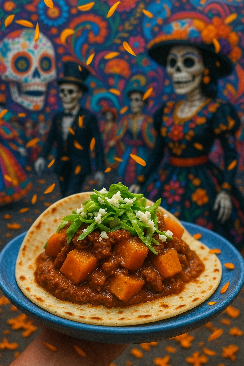 Pumpkin-mole vegetarian taco during Día-de-Muertos parade — marigold petals falling, vibrant folk art backdrop.
