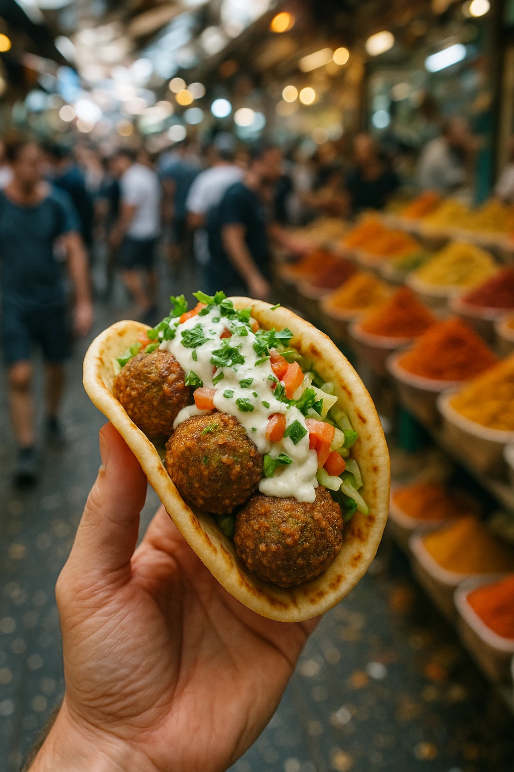Falafel pita-taco hybrid in Tel-Aviv shuk, spices swirling — bustling market chaos, handheld DSLR.