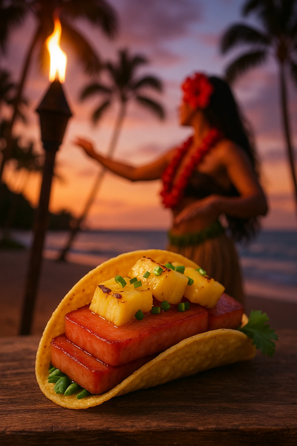Spam-pineapple Hawaiian taco at beach luau, tiki torch glow — tropical dusk tones, hula dancer blur.