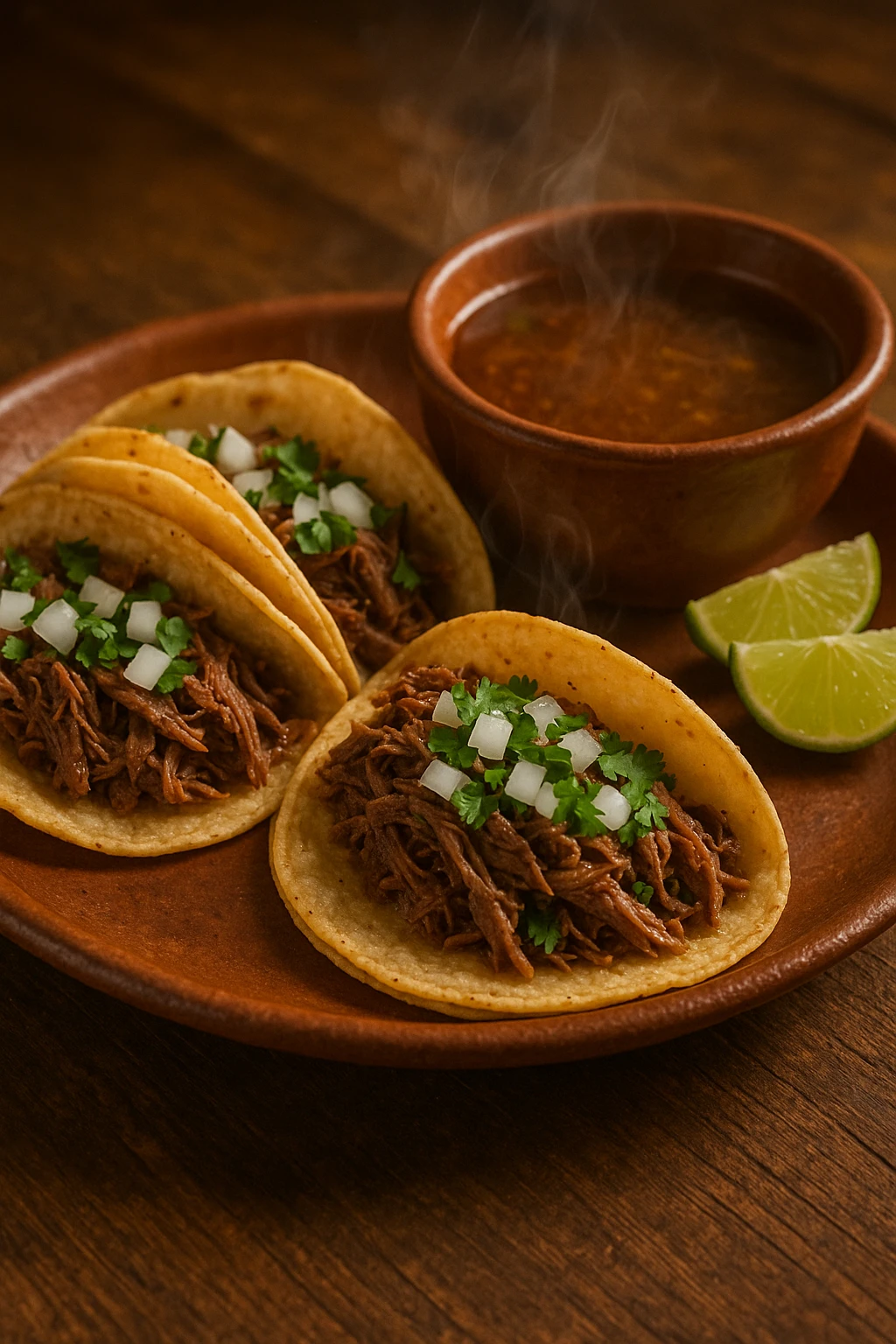 Tacos de barbacoa — slow-cooked shredded beef in soft corn tortillas, topped with chopped onions and cilantro, with a small bowl of consommé for dipping. Rustic table setting with warm lighting and steam rising from the tacos.