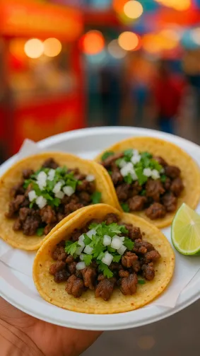 A close-up of traditional Mexican street tacos — corn tortillas filled with juicy carne asada, topped with chopped white onion, fresh cilantro, and a wedge of lime on the side. Served on a paper plate with a vibrant street food background.