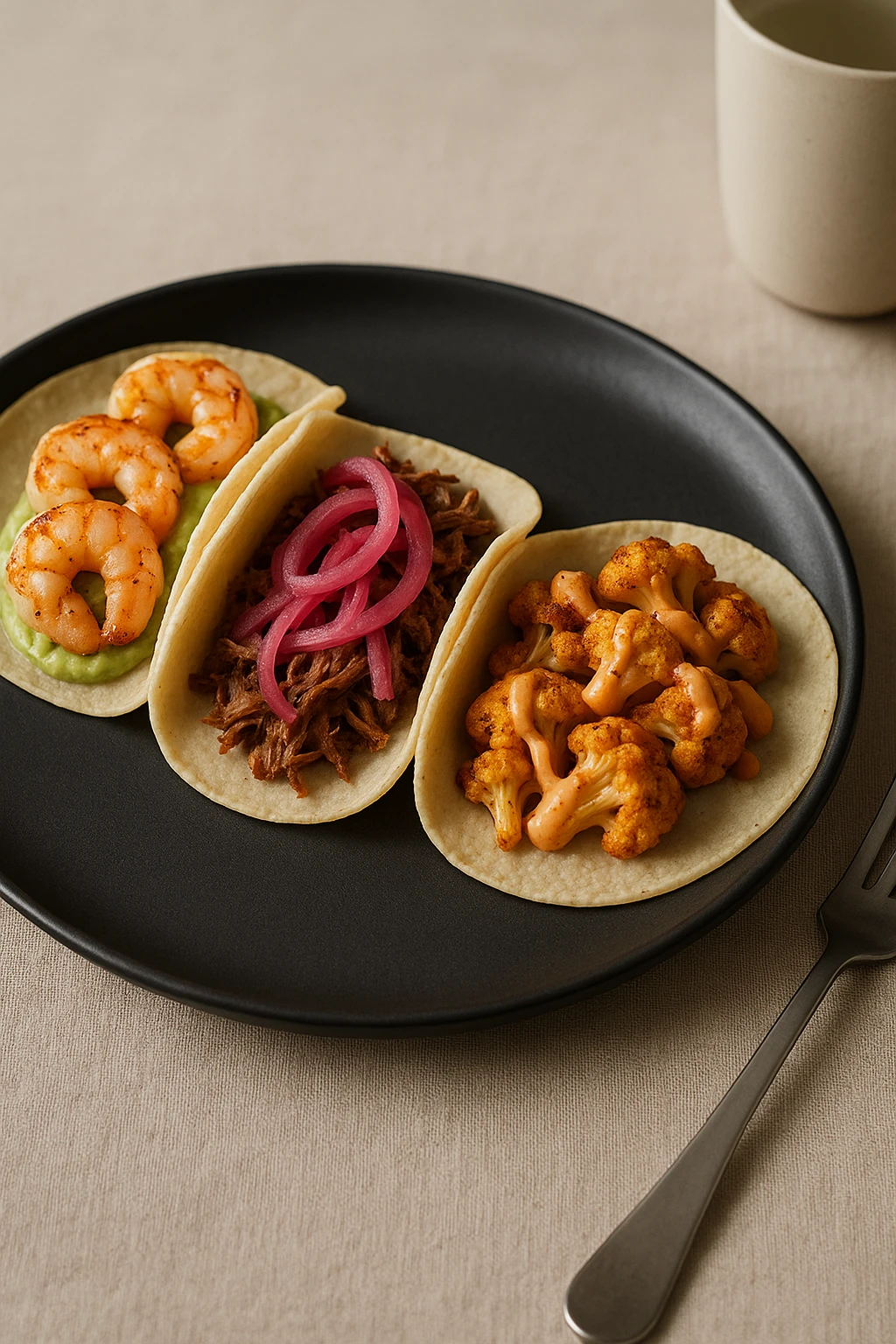 A modern taco trio on a matte black plate — one with grilled shrimp and avocado crema, another with pulled pork and pickled red onions, and the third with spicy cauliflower and chipotle aioli. Minimalist table setting with soft natural lighting.