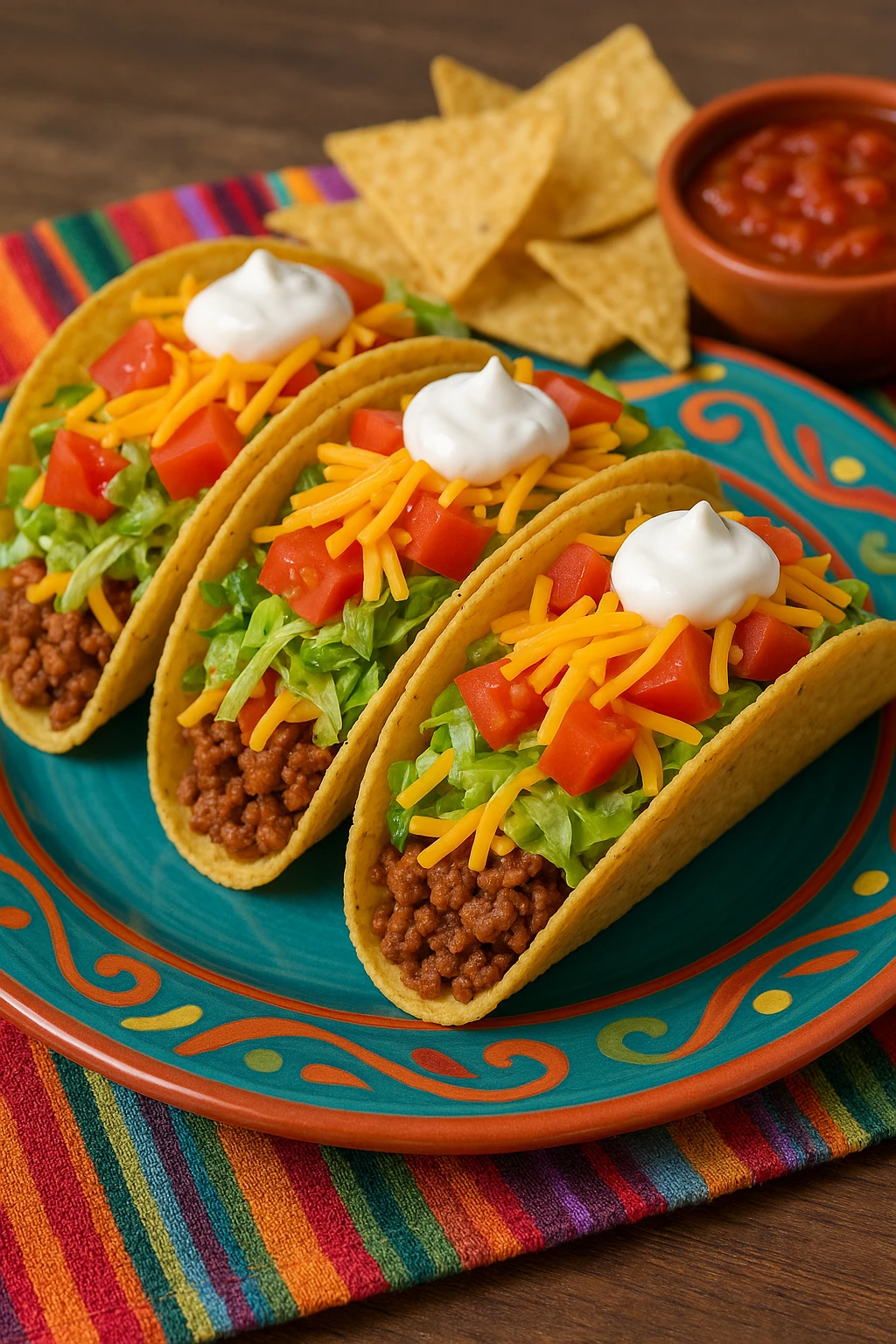 Tex-Mex style tacos with ground beef, shredded lettuce, diced tomatoes, cheddar cheese, and sour cream in crunchy taco shells. Served on a colorful fiesta-themed plate with tortilla chips and salsa on the side.