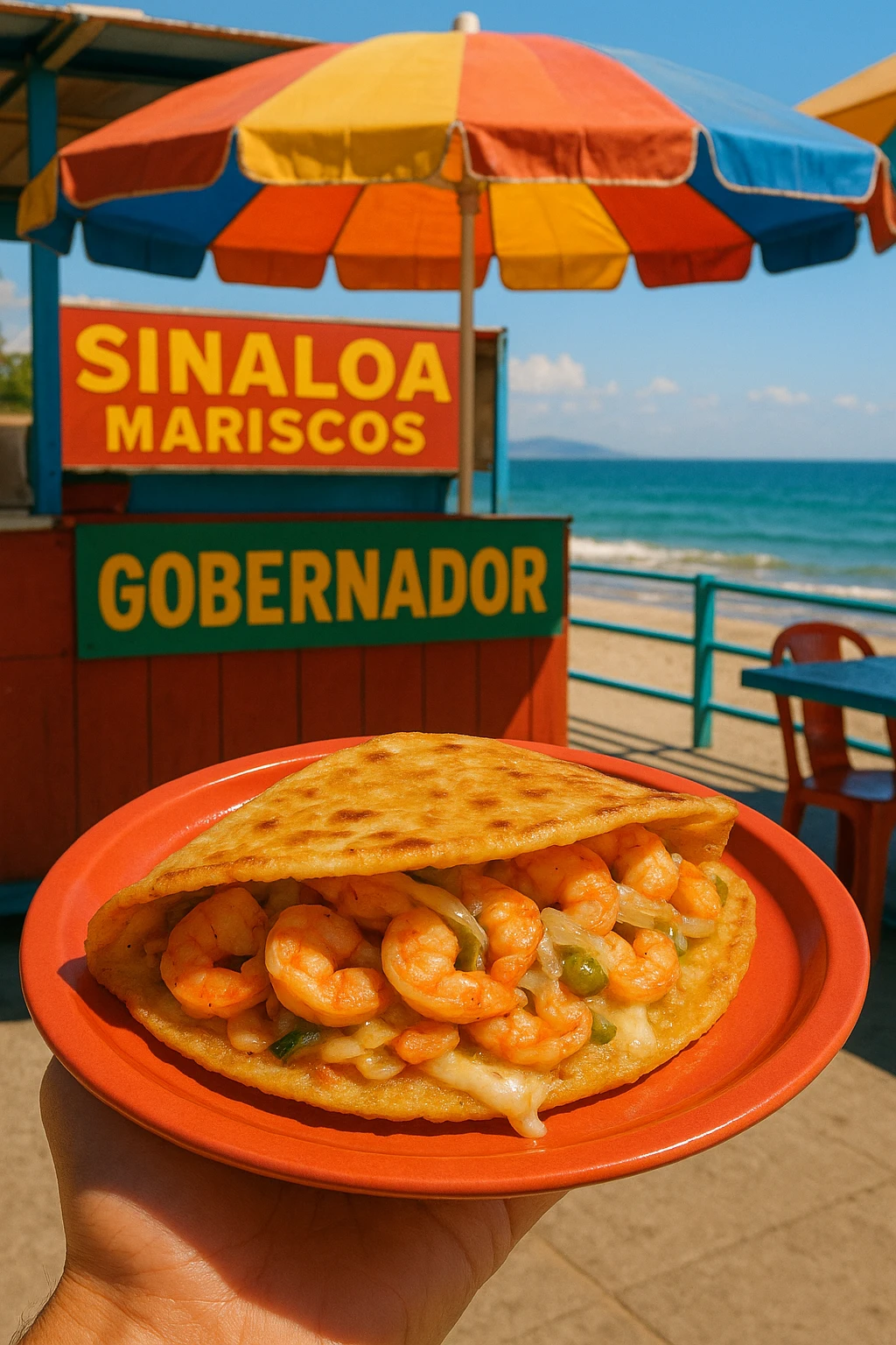 Gobernador shrimp-cheese taco at Sinaloa mariscos stand — midday sunlight, colorful seaside vibe.