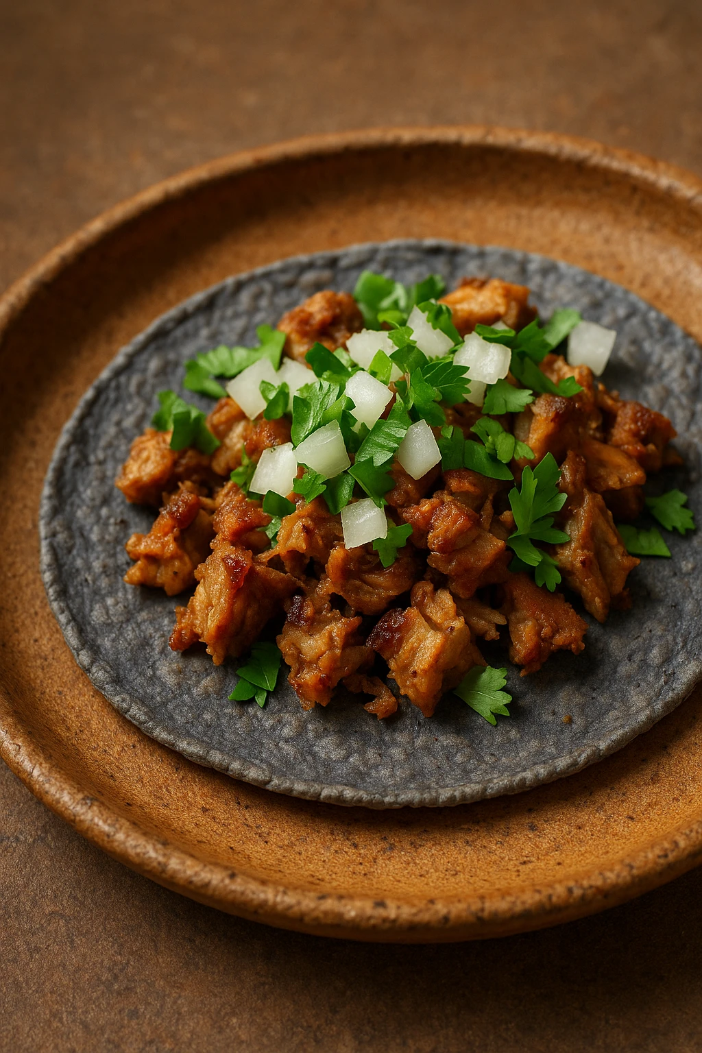Blue-corn tortilla street taco macro, rustic pottery backdrop — earthy tones, editorial studio lighting.