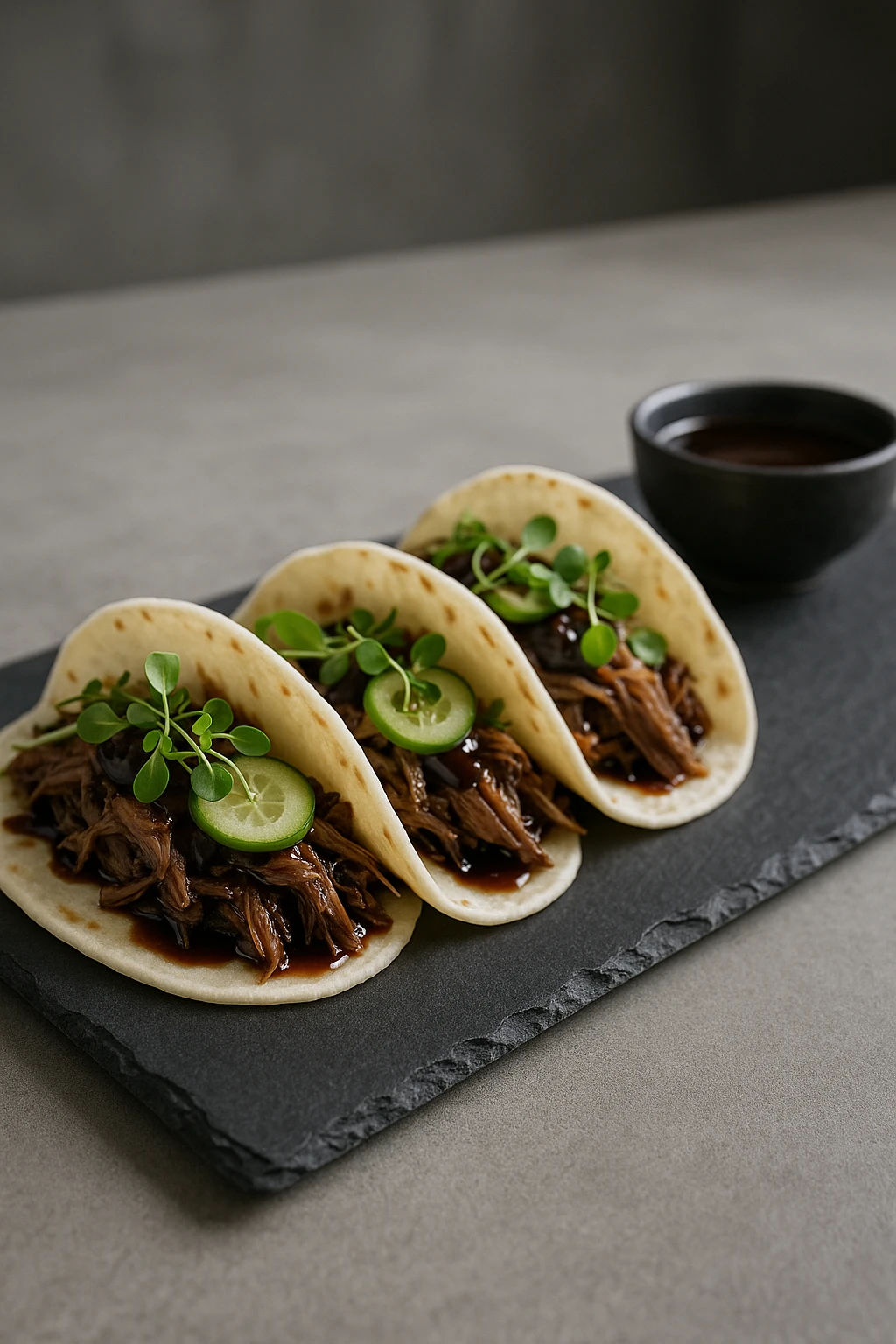 Gourmet duck confit tacos with hoisin sauce, microgreens, and pickled cucumbers in handmade flour tortillas. Elegant plating on a slate serving board with minimalist, upscale restaurant decor.